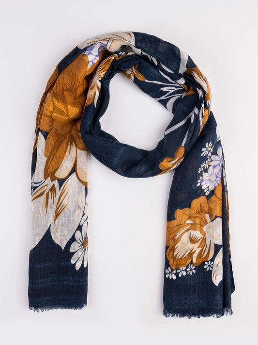 Navy Floral Mulberry Silk Scarf