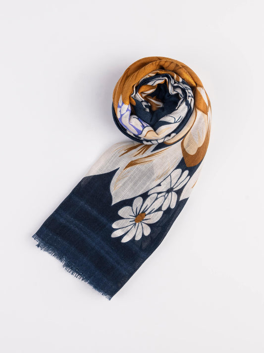 Navy Floral Mulberry Silk Scarf